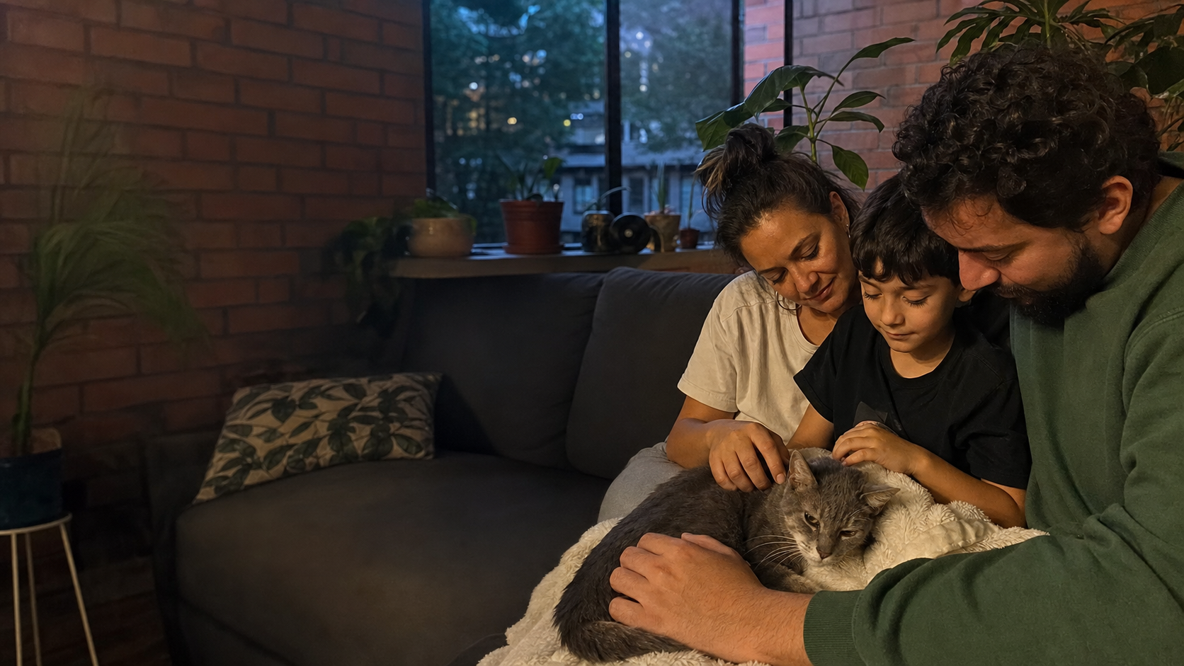Familia acompañando a su gato enfermo en casa en Medellín