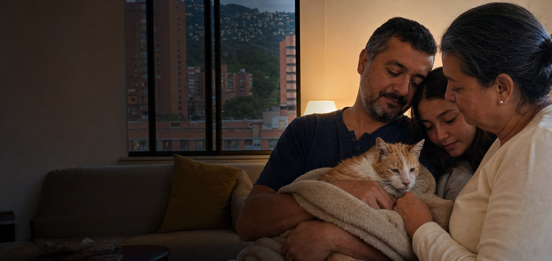 Familia acompañando a un gato mayor y delicado en casa en Envigado