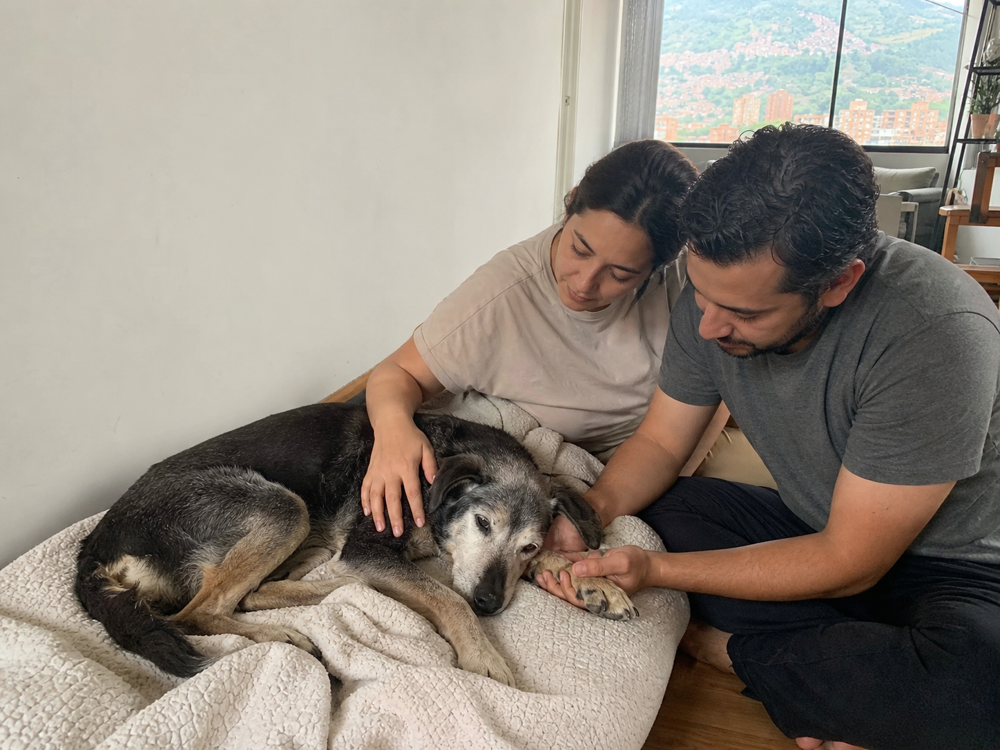 Familia acompañando a su perro mayor y enfermo en casa