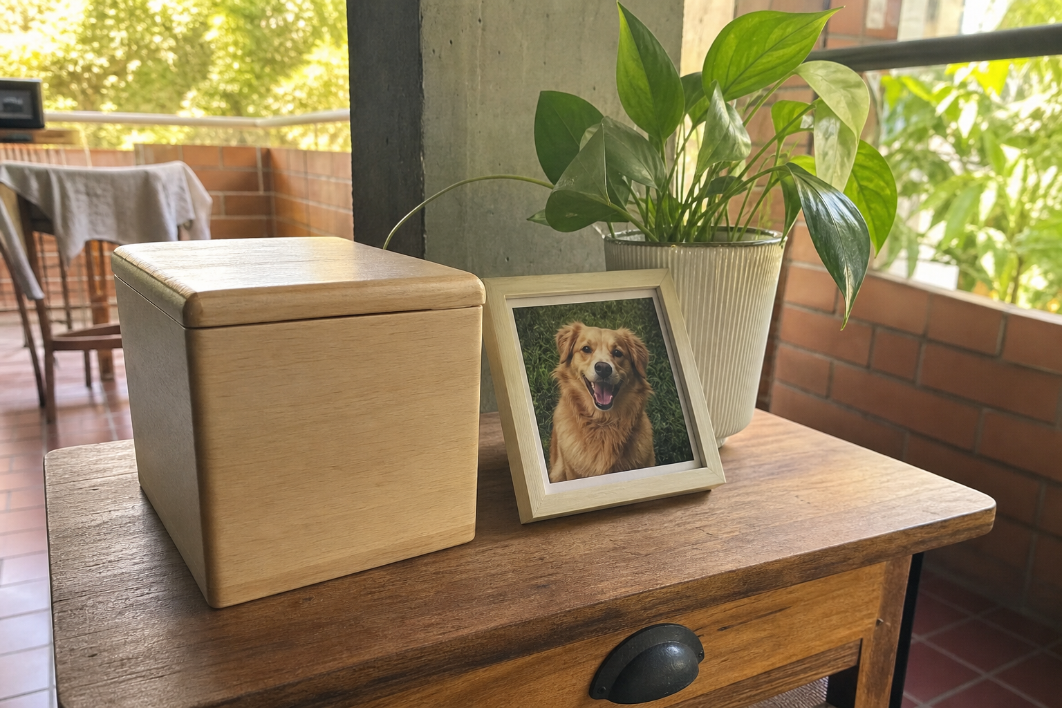 Recuerdo de cremación de mascota con cofre y fotografía en un hogar de Medellín